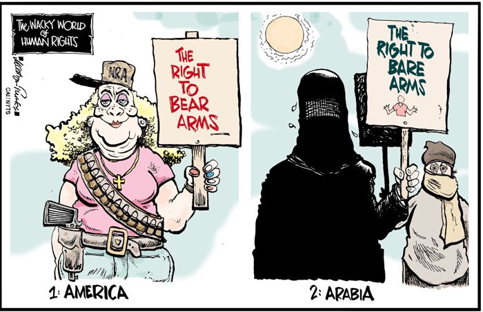 Image of 1.) America: woman holding sign saying "The right to bear arms," beside the image of 2. Arabia, with woman holding a sign saying "The right to bare arms." From Leadership Qualities, by Larry Blumsack